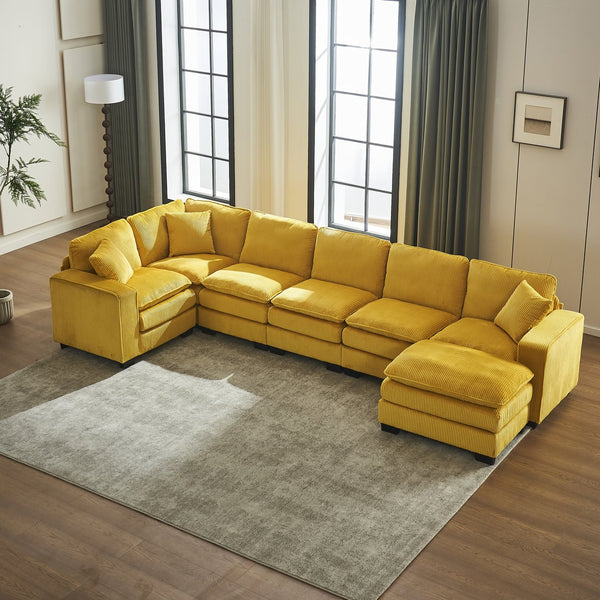 English Elm Modern U Shaped 6-Seat Sectional Sofa with Ottoman and 3 Toss Pillows, Corduroy Modular Comfort and Durable Frame Yellow W2363S00040