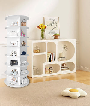 English Elm 7 Tier Rotating Shoe Rack Tower 360° Spinning Organizer Holds 28 Pairs, Space-Saving White Carousel W2641P242582