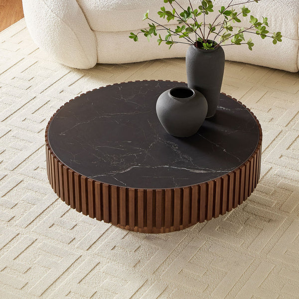 English Elm 35.43'' Modern Nesting Round Sintered Stone Tabletop — Compact Pedestal Coffee Table for Apartments Walnut W876P262230