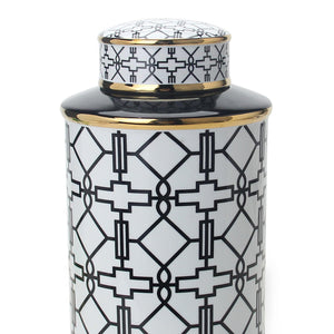 English Elm Elegant White Ceramic Ginger Jars Set Of 2 With Black Geometric Pattern - Stylish Home Décor Storage B030S00080