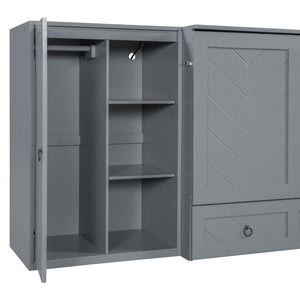 English Elm Queen Murphy Bed with Wardrobe Cabinets Built-in Usb Charging and Concealed Drawers Gray LP000590AAE