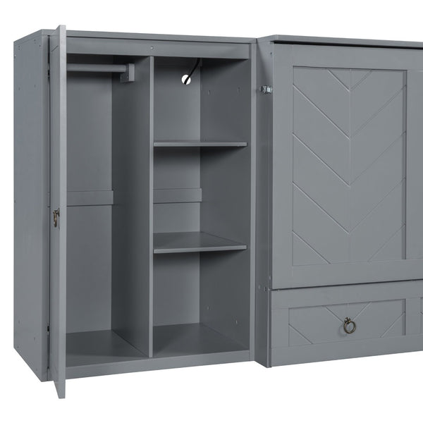 English Elm Queen Murphy Bed with Wardrobe Cabinets Built-in Usb Charging and Concealed Drawers Gray LP000590AAE