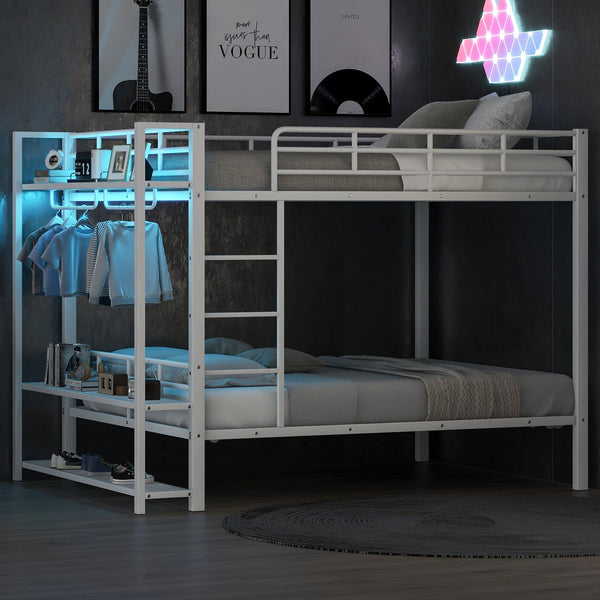English Elm Full Size Metal Bunk Bed With Led Lights, Storage Shelves & Hooks - Stylish Space-Saver In White N7090000667K