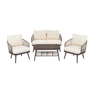 English Elm Christopher Knight Home® - 4-Piece Outdoor Patio Set with Woven Rope U-Back, Steel Frame, Thick Cushions & Acacia Table for Garden Brown+Beige N780P209458R