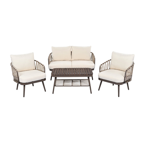 English Elm Christopher Knight Home® - 4-Piece Outdoor Patio Set with Woven Rope U-Back, Steel Frame, Thick Cushions & Acacia Table for Garden Brown+Beige N780P209458R