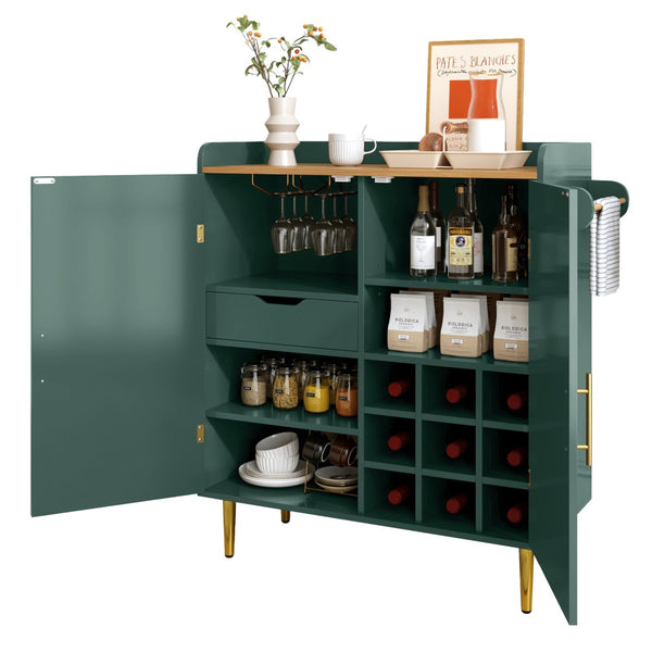 English Elm Modern Fluted Bar Cabinet with Wine Rack Glass Holders Adjustable Shelving and Hidden Drawer Green N728P438606G