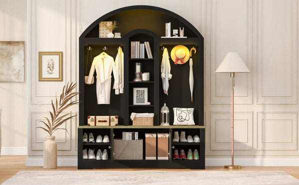 English Elm Multi-functional Hall Tree with Mdf Body Open Shelves Hooks and Scandinavian Two-tone Style Black+Natural SJ000158AAB