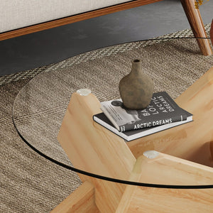 English Elm Circular Tempered Glass Round Coffee Table with Wood Tone Mdf Legs for Modern Living W1151P146792