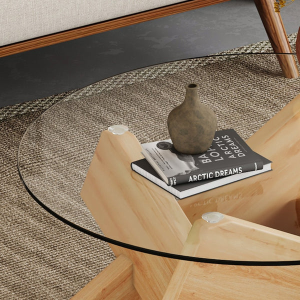 English Elm Circular Tempered Glass Round Coffee Table with Wood Tone Mdf Legs for Modern Living W1151P146792