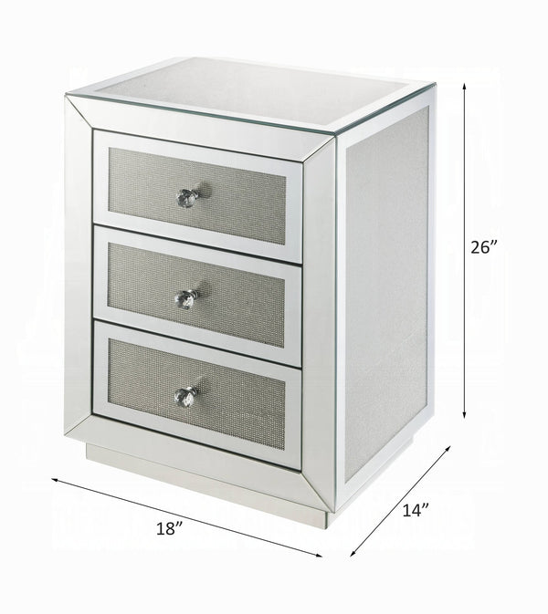 English Elm Glam Mirrored Nightstand with 2 Drawers Luxury Bedroom Accent Table, Sparkling Faceted Front Design Chrome 19 L x 22.5 W x 32.5 H B2741P322555