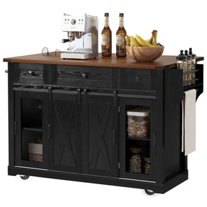 English Elm K&K 58" Farmhouse Kitchen Island with Sliding Barn Door, Drop Leaf, Glass Rack, Locking Wheels, Power Black N707P349811B