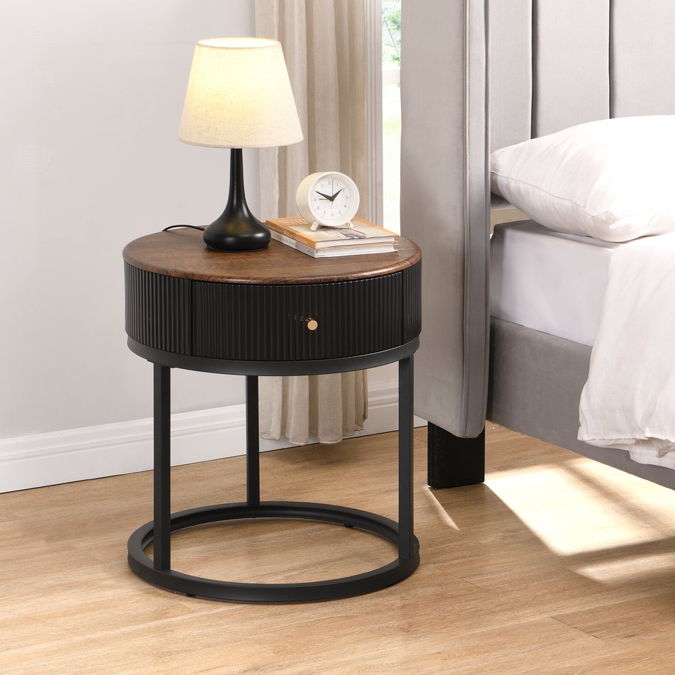 English Elm Round Nightstand Sturdy 19.7" Small Round End Table with Drawer, Metal Frame, 55lb Capacity, Easy Assembly W821P184398