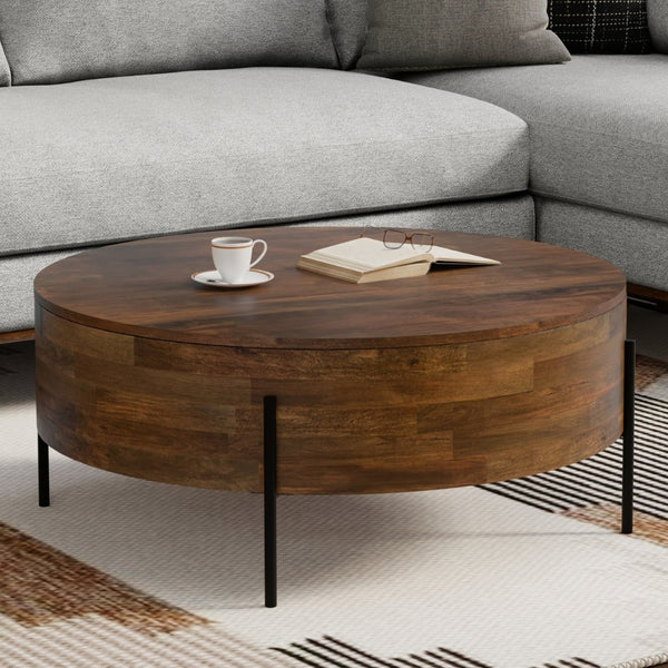 English Elm Rayburn Round Solid Mango Wood Cocktail Table with Matte Black Legs for Living Room Walnut Brown B136P429099