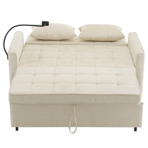 English Elm 56.9" Loveseat Sofa Bed with Chenille Upholstery, USB Ports, Phone Holder, Side Pockets, Reclining Backrest Beige N719P208853A