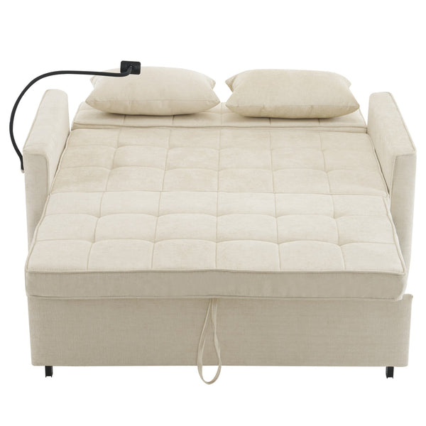 English Elm 56.9" Loveseat Sofa Bed with Chenille Upholstery, USB Ports, Phone Holder, Side Pockets, Reclining Backrest Beige N719P208853A