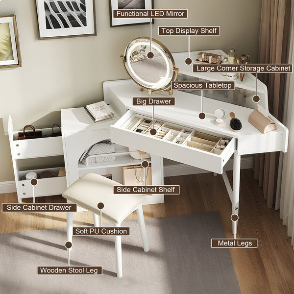 English Elm Corner Makeup Vanity Desk with 360° Rotating LED Mirror, Adjustable Brightness, L-Shaped Corner Design and Pull-Out Storage for Small Spaces White N844P263663A