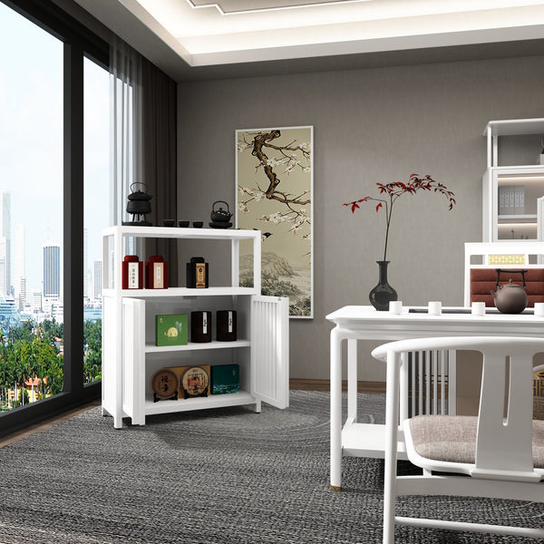 English Elm White Bamboo Storage Cabinet with Shelves — Large Capacity Freestanding Bathroom & Living Room Organizer, Durable Eco-Friendly Design W2207P242509