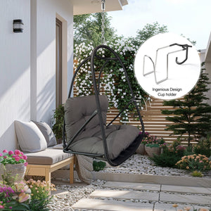 English Elm without Swing Egg Chair Rattan Hanging Patio Basket with C-Bracket, Foldable, Cup Holder, Cushions, Durable Metal Frame Black W2707P388615