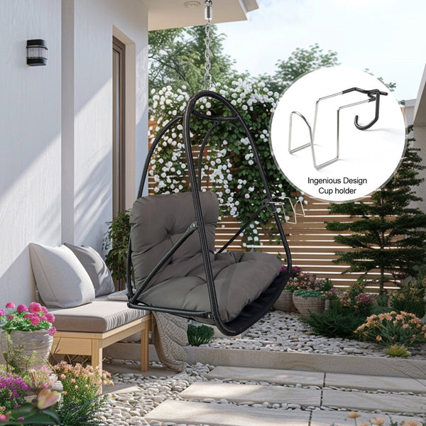English Elm without Swing Egg Chair Rattan Hanging Patio Basket with C-Bracket, Foldable, Cup Holder, Cushions, Durable Metal Frame Black W2707P388615