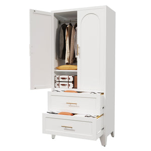 English Elm 71" Tall Metal Wardrobe Cabinet with 2 Drawers, Adjustable Shelf & Hanging Rod — Space-Saving White Closet Organizer W3387P351602