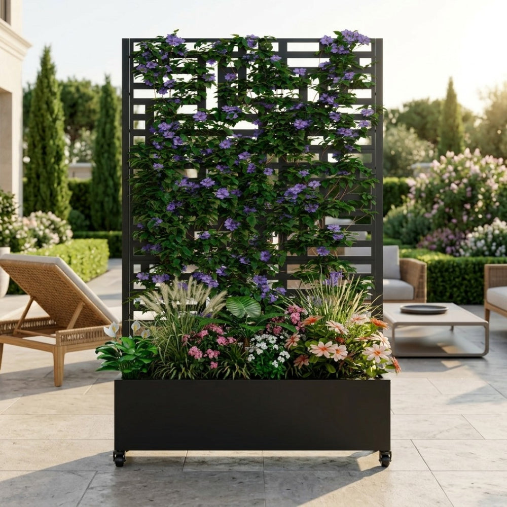 English Elm Metal Raised Garden Bed with Integrated Trellis Lockable Wheels and Privacy Screen W347P455024