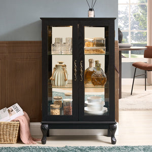 English Elm Curio Cabinet with Lighted Tempered Glass, Mirrored Back, Adjustable Shelves, Vintage Handle — Black W2275P389705
