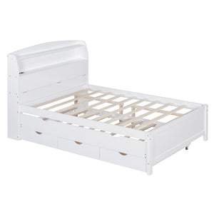 English Elm Full Size Wooden Led Platform Bed With Trundle, Storage Headboard, Usb Ports, And Drawers In White N820S10009K