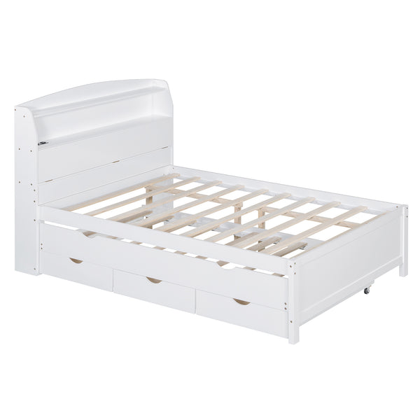 English Elm Full Size Wooden Led Platform Bed With Trundle, Storage Headboard, Usb Ports, And Drawers In White N820S10009K