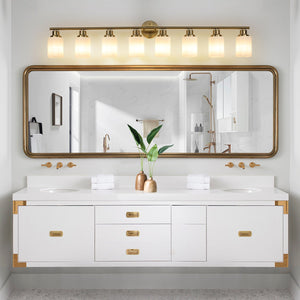 English Elm 52" Modern 8-Light Vanity Wall Sconce - Elegant Golden Finish & Frosted Glass Shades For Stylish Lighting W2312P374816
