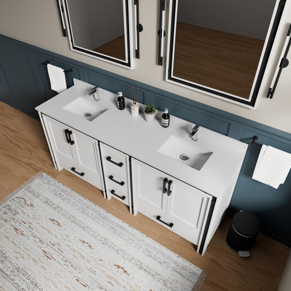 English Elm White Double Bath Vanity 80" W x 22" D with White Quartz Top, Soft-Close Drawers, 30" Mirrors, Ample Storage B2731S00916