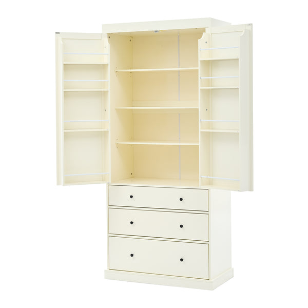 English Elm [Assembly 77in Farmhouse Kitchen Pantry Tall Freestanding Storage Cabinet with 3 Adjustable Shelves, 8 Door Shelves, 3 Drawers, Durable MDF Cream SP000047AAA