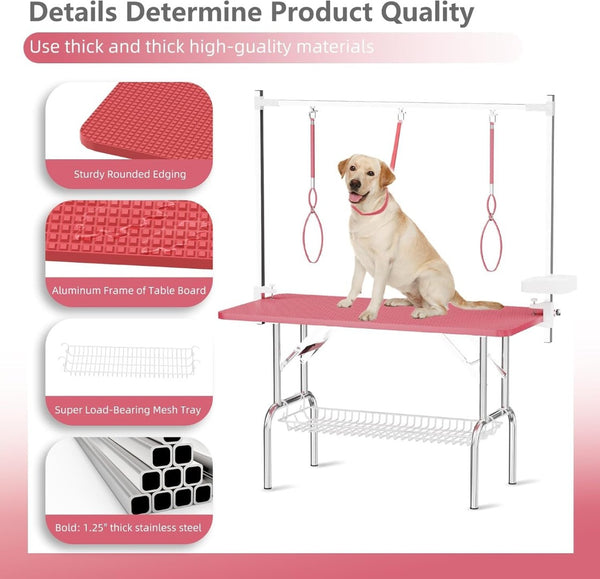 English Elm 47inch Stainless Steel Foldable Pet Grooming Table with Arm Noose and Mesh Supply Tray W3587P409930