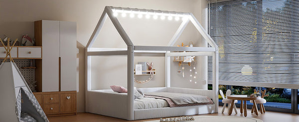 English Elm Full Size Upholstered House Daybed With Led Lighting, Cozy Beige Corduroy For Kids & Guests N7500001335A