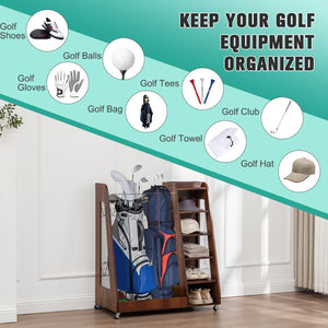 English Elm Golf Bag Storage Rack Wooden 2 Bag Organizer with Shoe Shelf for Garage Basement Brown W1422P296352