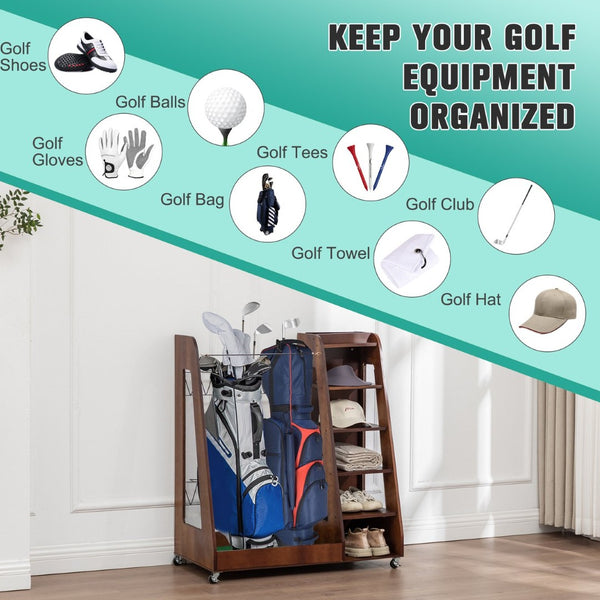 English Elm Golf Bag Storage Rack Wooden 2 Bag Organizer with Shoe Shelf for Garage Basement Brown W1422P296352