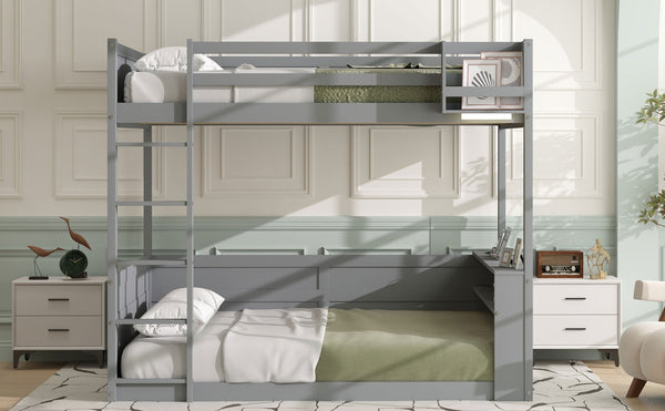 English Elm Queen Size Wooden Bunk Bed With Smart Storage, Led Light, Usb Charging & Modern Grey Finish N7090005006E-GIGA