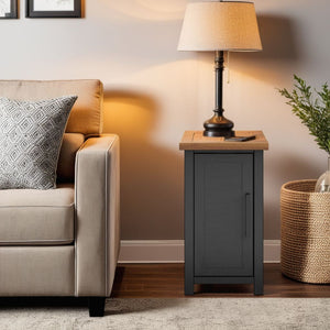 English Elm 14 inch Chairside Table Black & Whiskey Two-Tone Farmhouse Accent with Door Storage, Preassembled B108P160150