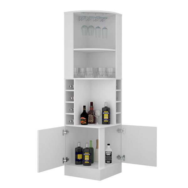 English Elm Syrah Corner Bar Cabinet White with 8 Bottle Cubbies, 12-Glass Rack & 2 Shelves, Space-Saving Design B070102687