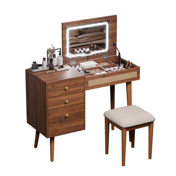 English Elm 39" Retro Bohemian Vanity Desk with Flip-Top Mirror & LED Lights, Rattan Drawers, 3-Drawer Storage, Walnut Finish N733P361800D