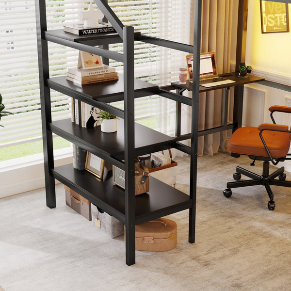 English Elm Full Size Metal Loft Bed with Foldable Desk Staircase Storage and Led Lighting W2580S00072