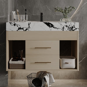 English Elm 29.9" Floating Bathroom Vanity Sintered Stone Top Soft Close Drawers Bronze Gold Hardware White+Black,Wood W3136S00035