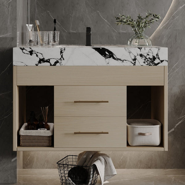 English Elm 29.9" Floating Bathroom Vanity Sintered Stone Top Soft Close Drawers Bronze Gold Hardware White+Black,Wood W3136S00035