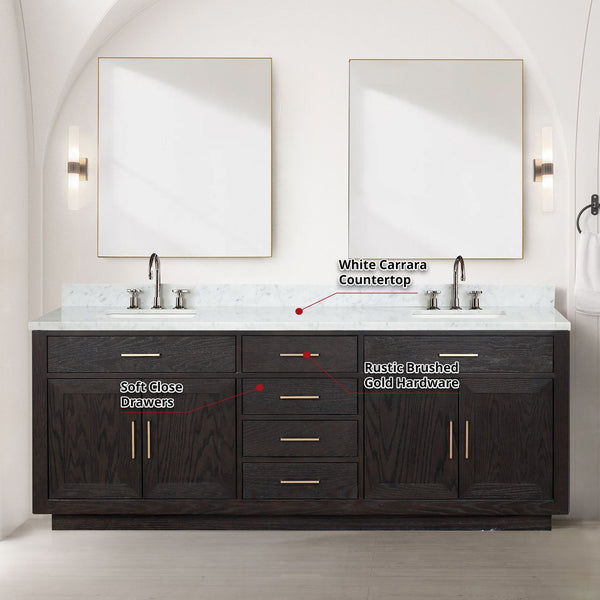 English Elm Black Oak Double Bath Vanity Set With Carrara Marble Top, Chrome Faucets & 36-Inch Mirrors Included B2731S02181
