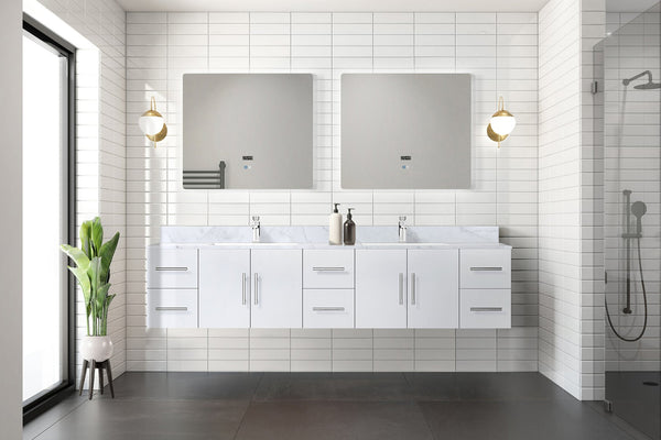 English Elm Glossy 84" Double Bath Vanity with Carrara Marble Top, Soft-Close Drawers, Chrome Faucet Set B2731P258763