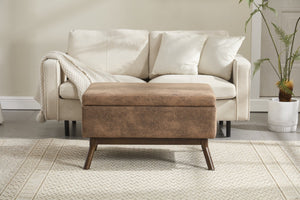 English Elm Mid-century square storage bench with solid wood frame, microfiber upholstery, versatile ottoman seat and tabletop functionality for living room and entryway appeal Coffee W1539P269650