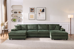 English Elm Convertible U-Shaped Sofa With Storage, Modern Corduroy Design For Spacious Living Rooms, Green W1793S00029
