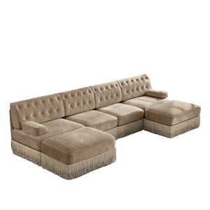 English Elm 4-seater Modular Sectional with Ottomans Tufted Fleece Sofa Tassel Skirt Retro Luxe Camel W714S01701