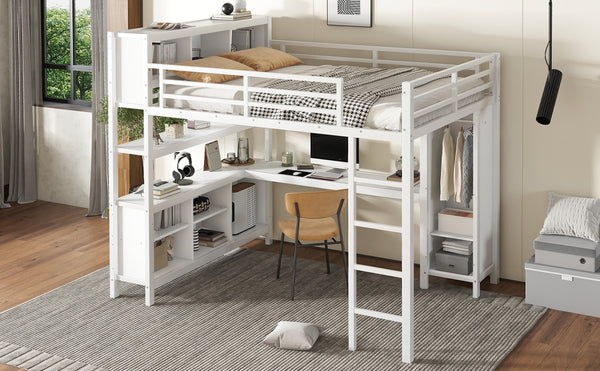 English Elm Metal Queen Size Loft Bed With L-Shaped Desk, Storage Cubes & Shelves For Kids, Teens & Adults W1580S00108
