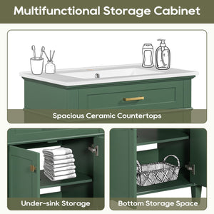 English Elm 30-inch bathroom vanity with ceramic basin, solid wood frame, soft-close doors and adjustable shelves for organized style and lasting durability Green N729P173380F