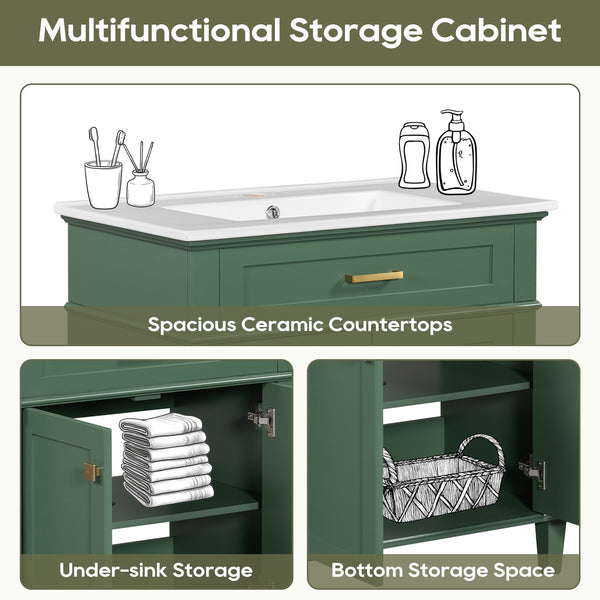English Elm 30-inch bathroom vanity with ceramic basin, solid wood frame, soft-close doors and adjustable shelves for organized style and lasting durability Green N729P173380F